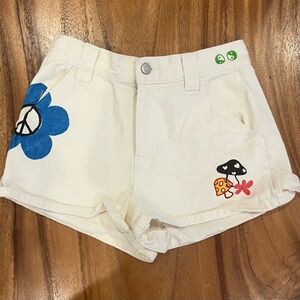 PacSun White Shorts with Blue Floral Peace Sign and Mushroom Pattern